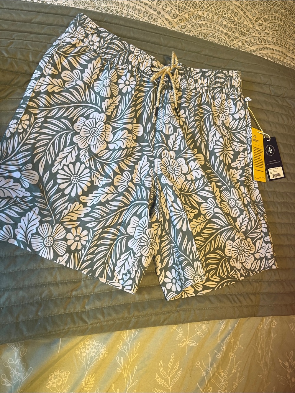Fair Harbor Green Swim Trunks with White Floral Print